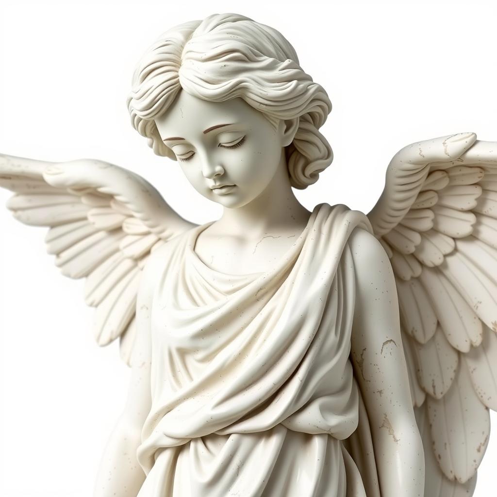 A full view of a sad angel statue designed in the style of a Greek statue, characterized by classical features and draped garments