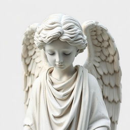 A full view of a sad angel statue designed in the style of a Greek statue, characterized by classical features and draped garments