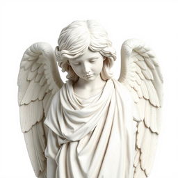 A full view of a sad angel statue designed in the style of a Greek statue, characterized by classical features and draped garments