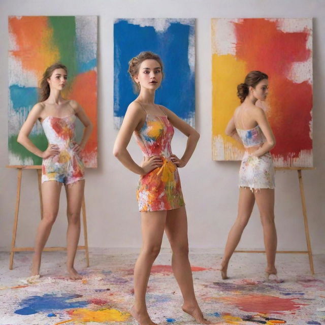 Create an image of models posing in an artistic setup. They express different emotions, their poses mirroring classic art poses. The backdrop is an art studio filled with canvases, brushes, and splashes of vibrant colors.