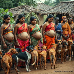 A line of scared pregnant Indian women adorned in colorful sarees, with their exposed midsections displaying intricate snake tattoos symbolizing protection and power