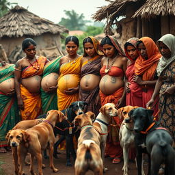 A line of scared pregnant Indian women adorned in colorful sarees, with their exposed midsections displaying intricate snake tattoos symbolizing protection and power