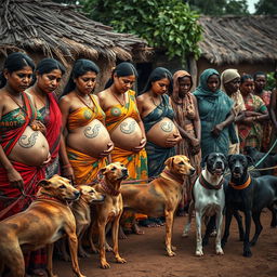 A line of scared pregnant Indian women adorned in colorful sarees, with their exposed midsections displaying intricate snake tattoos symbolizing protection and power