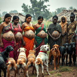 A line of scared pregnant Indian women adorned in colorful sarees, with their exposed midsections displaying intricate snake tattoos symbolizing protection and power