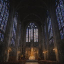 A majestic Gothic church, with intricate stone carvings, high spires reaching towards the sky, and large stained glass windows casting colorful light.