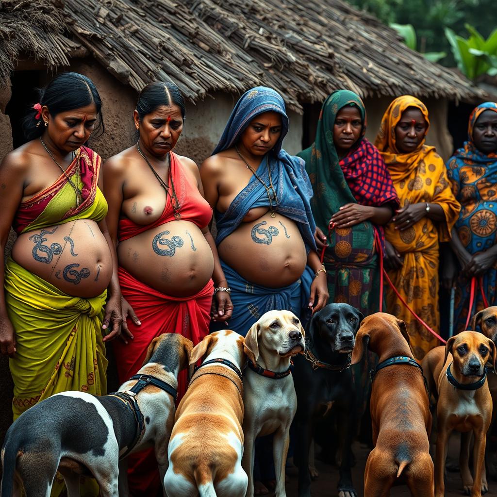 A line of worried, bruised, tired, and exhausted pregnant Indian women in vibrant sarees, with their exposed midsections showcasing intricate snake tattoos symbolizing strength