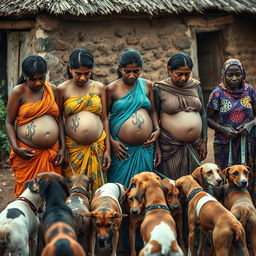 A line of worried, bruised, tired, and exhausted pregnant Indian women in vibrant sarees, with their exposed midsections showcasing intricate snake tattoos symbolizing strength