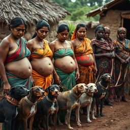 A line of worried, bruised, tired, and exhausted pregnant Indian women in vibrant sarees, with their exposed midsections showcasing intricate snake tattoos symbolizing strength