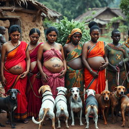 A line of worried, bruised, tired, and exhausted pregnant Indian women in vibrant sarees, with their exposed midsections showcasing intricate snake tattoos symbolizing strength