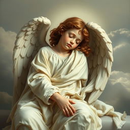 A serene angel resting in a sitting position, adorned in flowing white garments, captured in the rich, detailed style of Renaissance art