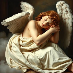 A serene angel resting in a sitting position, adorned in flowing white garments, captured in the rich, detailed style of Renaissance art