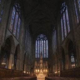 A majestic Gothic church, with intricate stone carvings, high spires reaching towards the sky, and large stained glass windows casting colorful light.