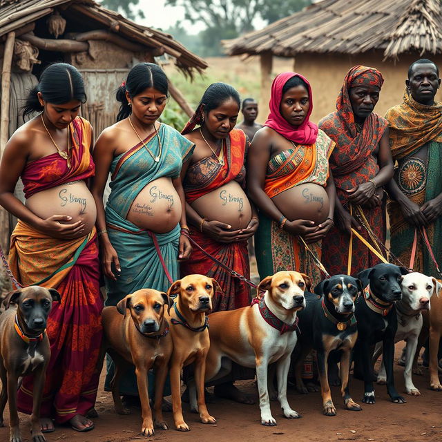 A line of worried, bruised, tired, and exhausted pregnant Indian women dressed in colorful sarees, their exposed midsections displaying intricate snake tattoos as symbols of resilience