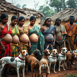 A line of worried, bruised, tired, and exhausted pregnant Indian women dressed in colorful sarees, their exposed midsections displaying intricate snake tattoos as symbols of resilience