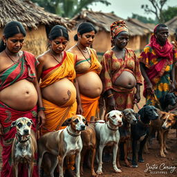 A line of worried, bruised, tired, and exhausted pregnant Indian women dressed in colorful sarees, their exposed midsections displaying intricate snake tattoos as symbols of resilience