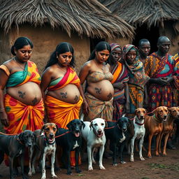 A line of worried, bruised, tired, and exhausted pregnant Indian women dressed in colorful sarees, their exposed midsections displaying intricate snake tattoos as symbols of resilience