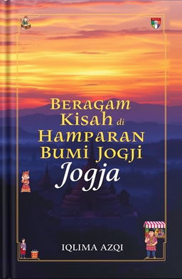 A beautiful book cover design titled 'Beragam Kisah di Hamparan Bumi Jogja' by Iqlima Azqi, featuring a stunning panorama of iconic Yogyakarta landmarks like Candi Borobudur at sunset