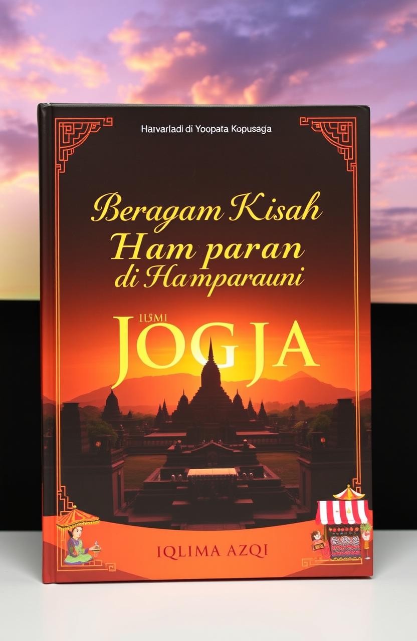 A beautiful book cover design titled 'Beragam Kisah di Hamparan Bumi Jogja' by Iqlima Azqi, featuring a stunning panorama of iconic Yogyakarta landmarks like Candi Borobudur at sunset