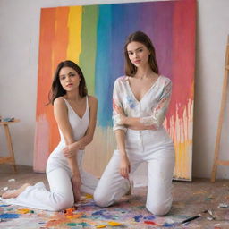 Create an image of models posing in an artistic setup. They express different emotions, their poses mirroring classic art poses. The backdrop is an art studio filled with canvases, brushes, and splashes of vibrant colors.