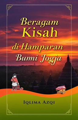 A beautiful book cover design titled 'Beragam Kisah di Hamparan Bumi Jogja' by Iqlima Azqi, featuring a stunning panorama of iconic Yogyakarta landmarks like Candi Borobudur at sunset