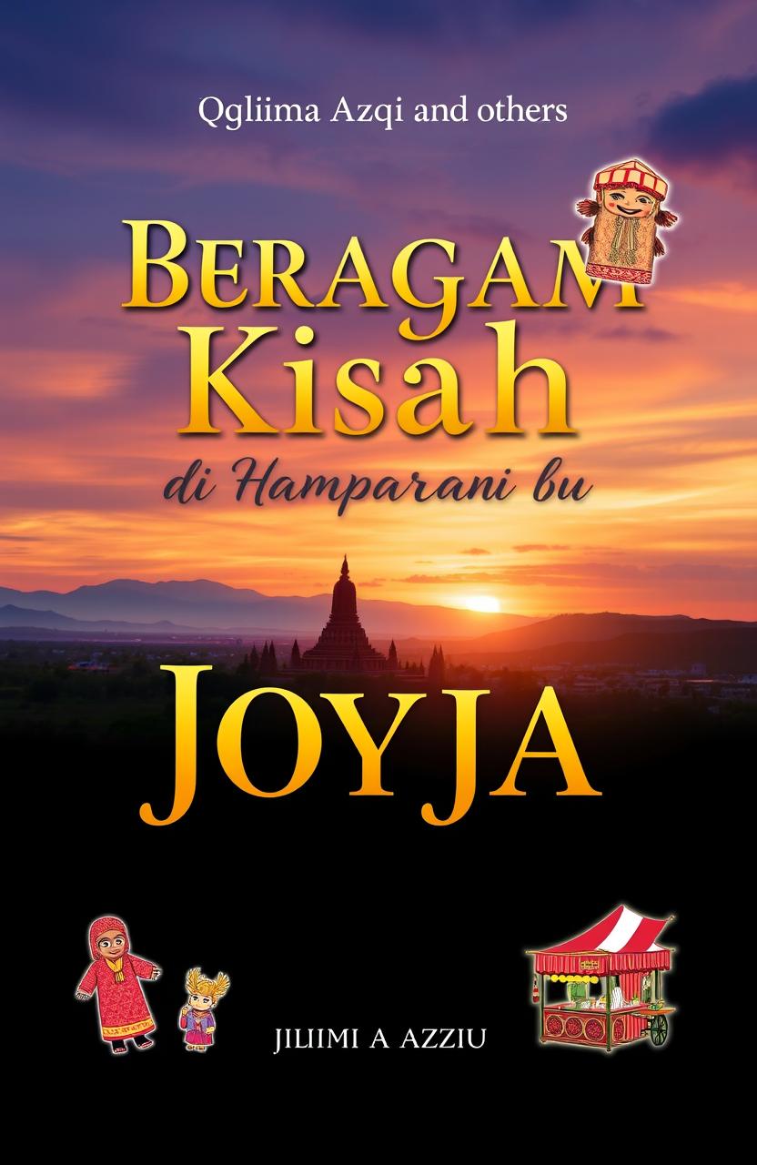 A stunning book cover design for 'Beragam Kisah di Hamparan Bumi Jogja' by Iqlima Azqi and others