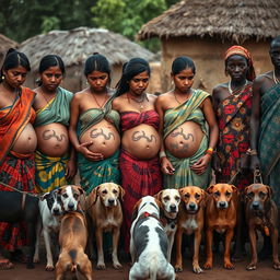 A line of worried, bruised, tired, and exhausted young pregnant Indian women dressed in colorful sarees, with their exposed midsections proudly displaying intricate snake tattoos that symbolize resilience