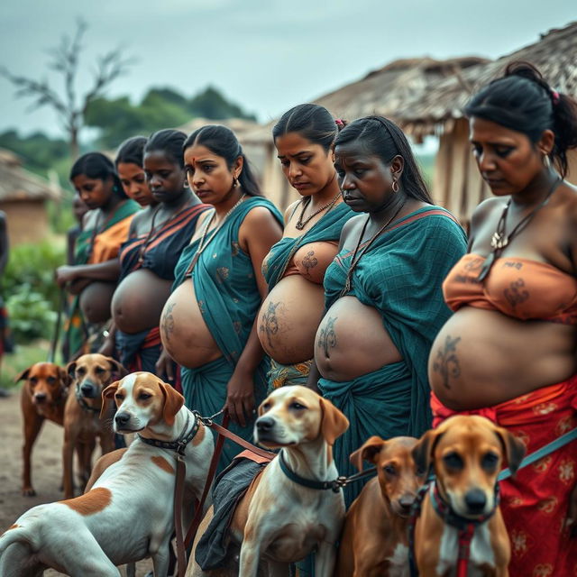 A line of worried, bruised, tired, and exhausted young pregnant Indian women dressed in colorful sarees, with their exposed midsections proudly displaying intricate snake tattoos that symbolize resilience