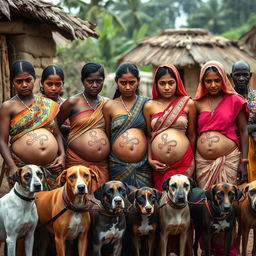 A line of worried, bruised, tired, and exhausted young pregnant Indian women dressed in colorful sarees, with their exposed midsections proudly displaying intricate snake tattoos that symbolize resilience