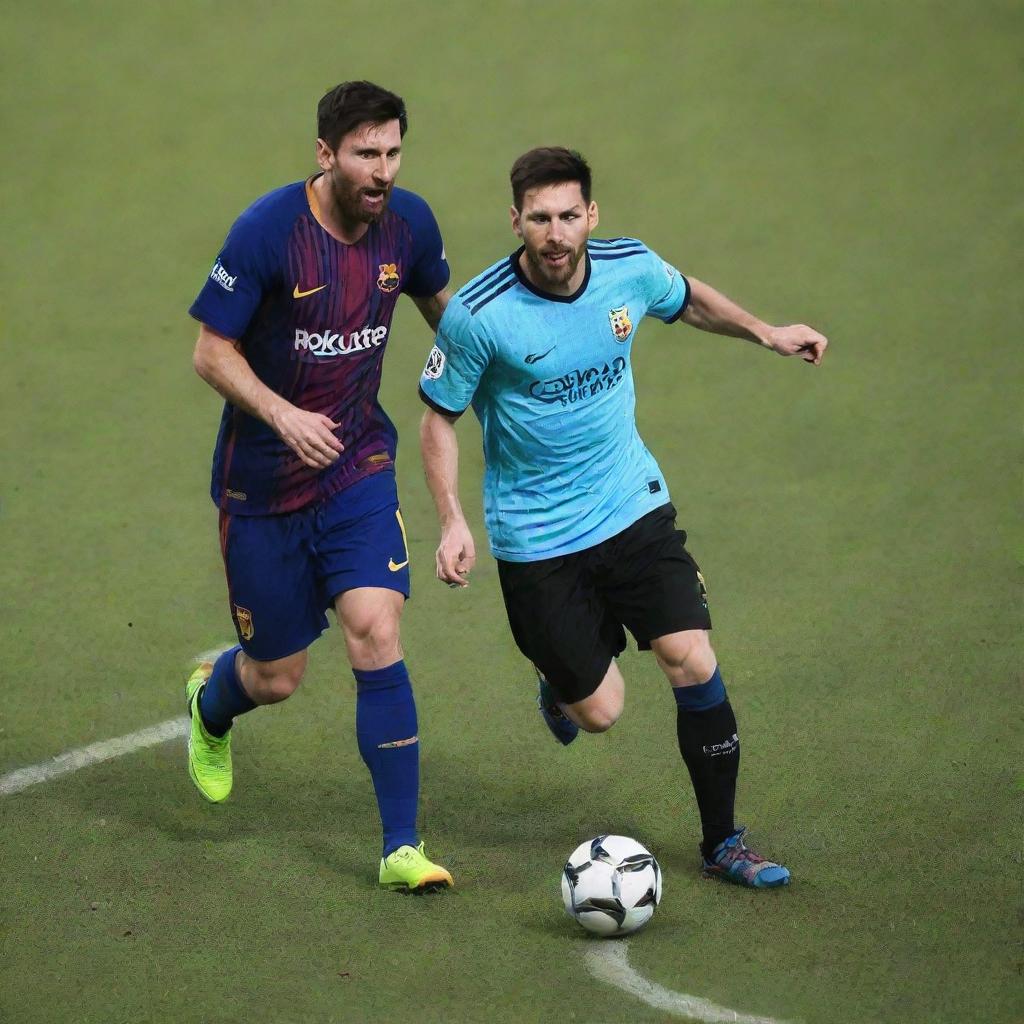 Lionel Messi and Fernanfloo engaged in a friendly competitive game of soccer on a well-maintained football pitch