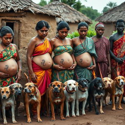 A line of worried, bruised, tired, and exhausted young pregnant Indian women dressed in colorful sarees, with their exposed midsections proudly displaying intricate snake tattoos that symbolize resilience