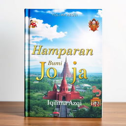 A beautifully crafted book cover design titled 'Hamparan Bumi Jogja' by Iqlima Azqi, featuring a panoramic view of iconic Yogyakarta landmarks such as Candi Borobudur or Keraton Yogyakarta under a bright, captivating sky