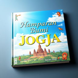 A beautifully crafted book cover design titled 'Hamparan Bumi Jogja' by Iqlima Azqi, featuring a panoramic view of iconic Yogyakarta landmarks such as Candi Borobudur or Keraton Yogyakarta under a bright, captivating sky