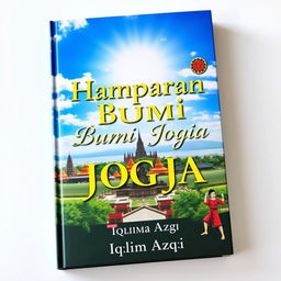 A beautifully crafted book cover design titled 'Hamparan Bumi Jogja' by Iqlima Azqi, featuring a panoramic view of iconic Yogyakarta landmarks such as Candi Borobudur or Keraton Yogyakarta under a bright, captivating sky