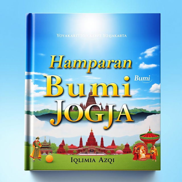 A beautifully crafted book cover design titled 'Hamparan Bumi Jogja' by Iqlima Azqi, featuring a panoramic view of iconic Yogyakarta landmarks such as Candi Borobudur or Keraton Yogyakarta under a bright, captivating sky