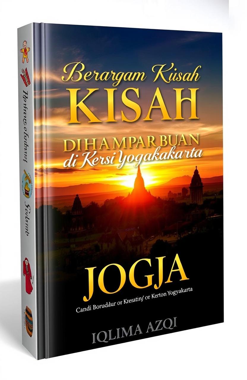 A stunning book cover design titled 'Beragam Kisah di Hamparan Bumi Jogja' featuring an iconic panorama of Yogyakarta, showcasing Candi Borobudur or the Keraton Yogyakarta under a breathtaking sunset sky