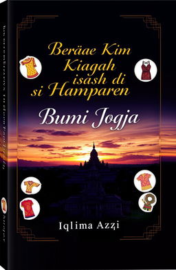 A stunning book cover design titled 'Beragam Kisah di Hamparan Bumi Jogja' featuring an iconic panorama of Yogyakarta, showcasing Candi Borobudur or the Keraton Yogyakarta under a breathtaking sunset sky