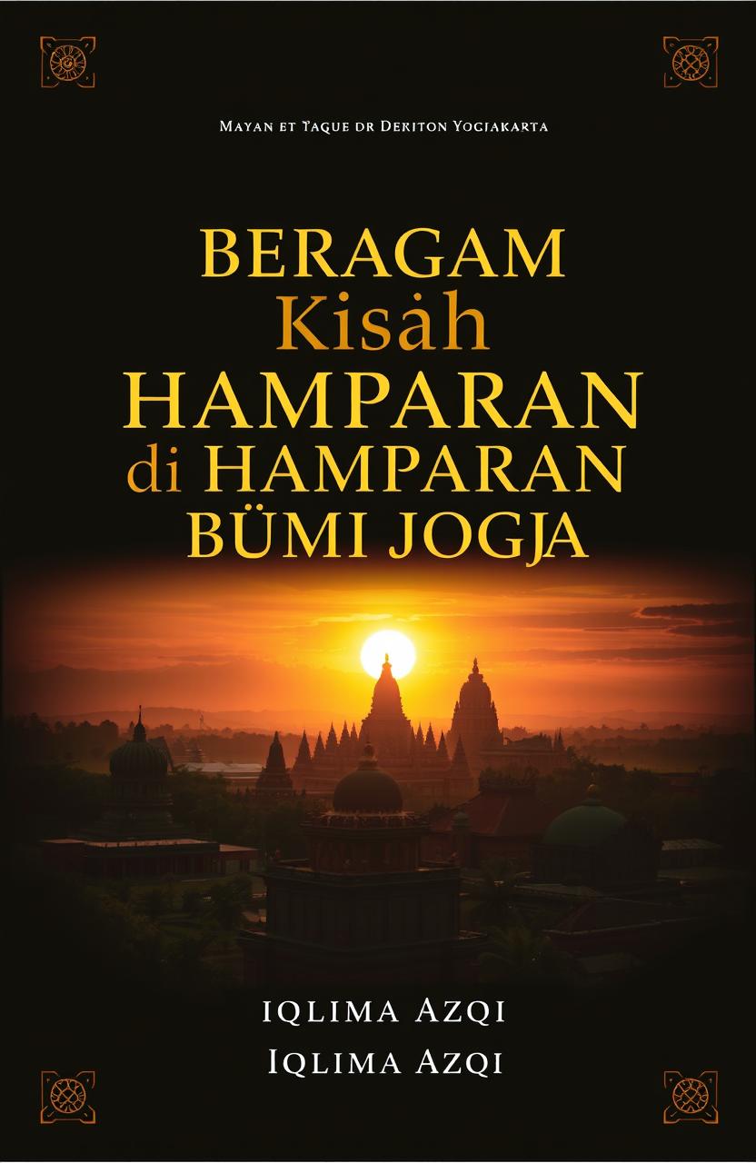 A stunning book cover design titled 'Beragam Kisah di Hamparan Bumi Jogja' featuring an iconic panorama of Yogyakarta, showcasing Candi Borobudur or the Keraton Yogyakarta under a breathtaking sunset sky