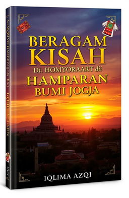 A stunning book cover design titled 'Beragam Kisah di Hamparan Bumi Jogja' featuring an iconic panorama of Yogyakarta, showcasing Candi Borobudur or the Keraton Yogyakarta under a breathtaking sunset sky