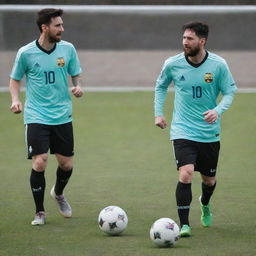 Lionel Messi and Fernanfloo engaged in a friendly competitive game of soccer on a well-maintained football pitch