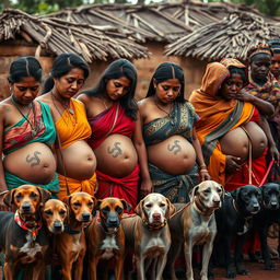 A line of worried, bruised, tired, and exhausted young pregnant Indian women in colorful sarees, with their exposed midsections featuring intricate snake tattoos that symbolize resilience and strength