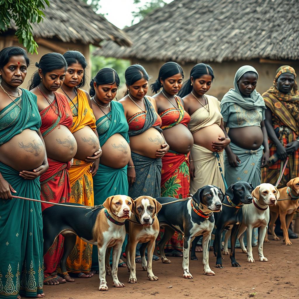 A line of worried, bruised, tired, and exhausted young pregnant Indian women in colorful sarees, with their exposed midsections featuring intricate snake tattoos that symbolize resilience and strength