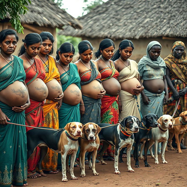 A line of worried, bruised, tired, and exhausted young pregnant Indian women in colorful sarees, with their exposed midsections featuring intricate snake tattoos that symbolize resilience and strength