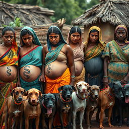 A line of worried, bruised, tired, and exhausted young pregnant Indian women in colorful sarees, with their exposed midsections featuring intricate snake tattoos that symbolize resilience and strength