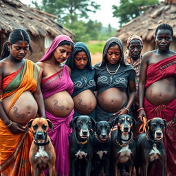 A line of worried, bruised, tired, and exhausted young pregnant Indian women in colorful sarees, with their exposed midsections featuring intricate snake tattoos that symbolize resilience and strength