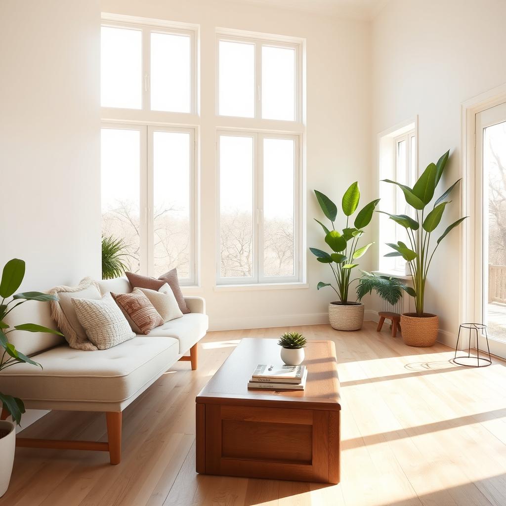 A spacious and airy interior of a light living room, showcasing a soft, plush bench alongside a comfortable sofa adorned with an array of decorative throw pillows