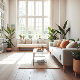 A spacious and airy interior of a light living room, showcasing a soft, plush bench alongside a comfortable sofa adorned with an array of decorative throw pillows