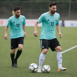 Lionel Messi and Fernanfloo engaged in a friendly competitive game of soccer on a well-maintained football pitch