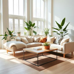 A spacious and airy interior of a light living room, showcasing a soft, plush bench alongside a comfortable sofa adorned with an array of decorative throw pillows