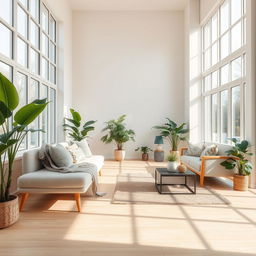 A spacious and airy interior of a light living room, showcasing a soft, plush bench alongside a comfortable sofa adorned with an array of decorative throw pillows