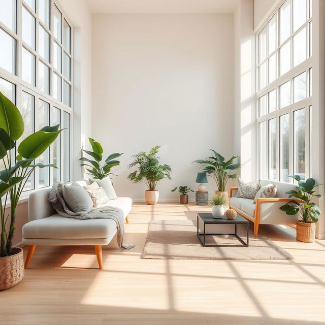 A spacious and airy interior of a light living room, showcasing a soft, plush bench alongside a comfortable sofa adorned with an array of decorative throw pillows